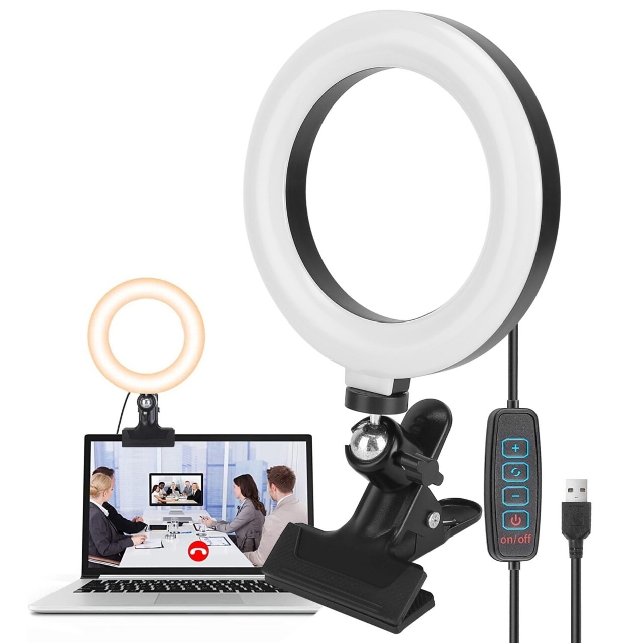 SKUSHOPS 6.3in LED Circle Light for Laptop with Clip USB Powered Selfie Desk Dimmable Light